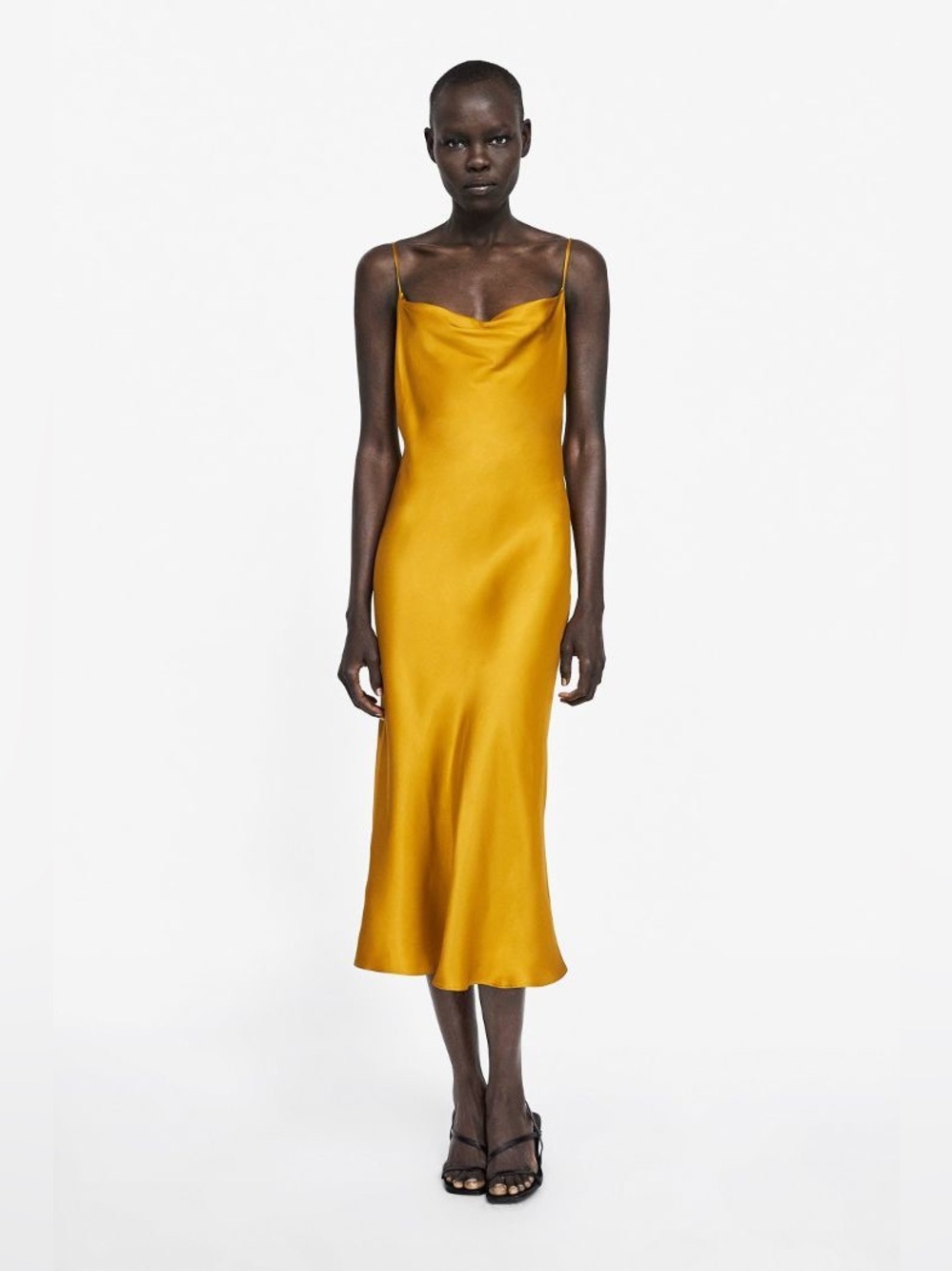 Zara Mustard Yellow Cowl Neck Silky Viscose Slip Midi Dress Size Medium